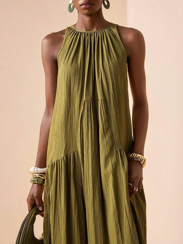 olive green textured linen pleated maxi dress