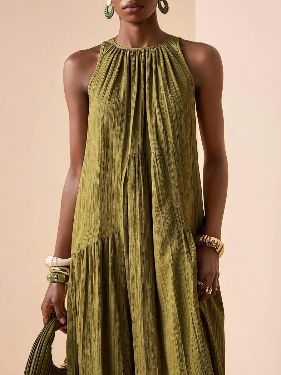olive green textured linen pleated maxi dress