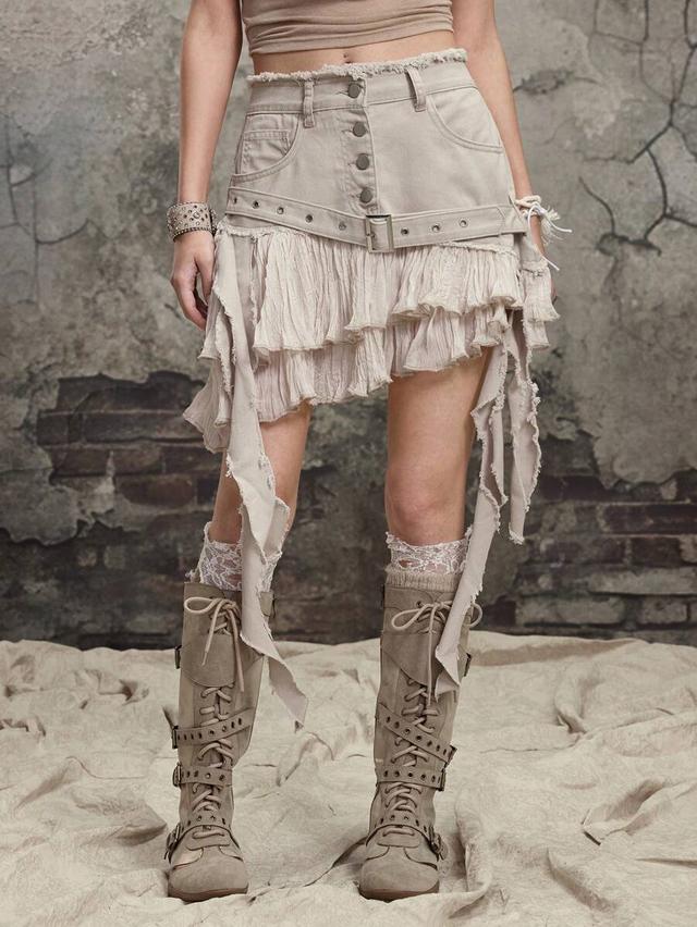 distressed denim mini skirt with ruffle flounce patchwork