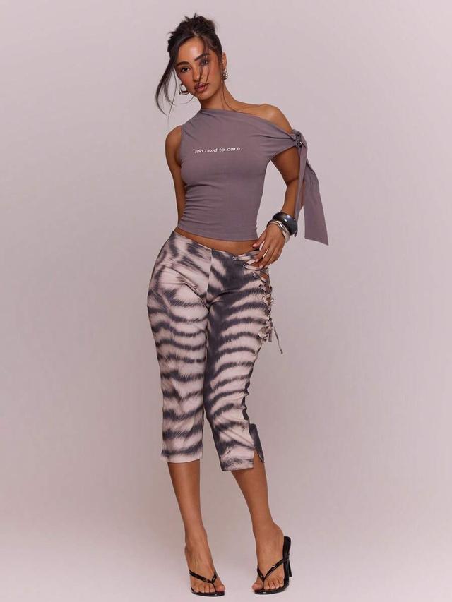 asymmetric animal print lace up capri pants