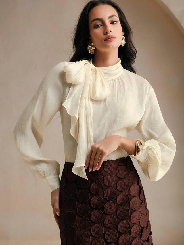 cream high neck long sleeve blouse with bowknot