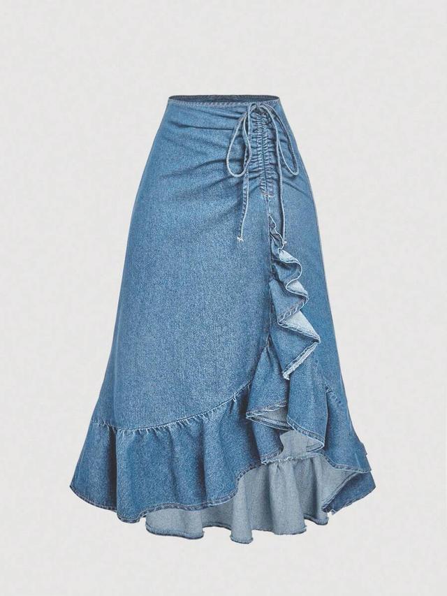 blue denim midi skirt with ruffle detail