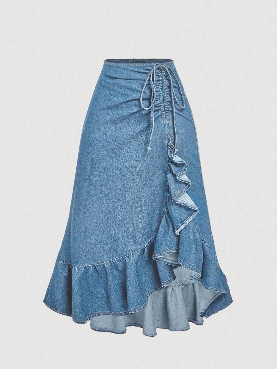 blue denim midi skirt with ruffle detail