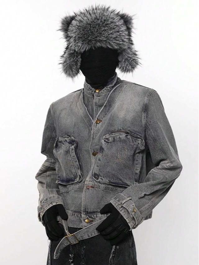 vintage wash denim stand up collar jacket