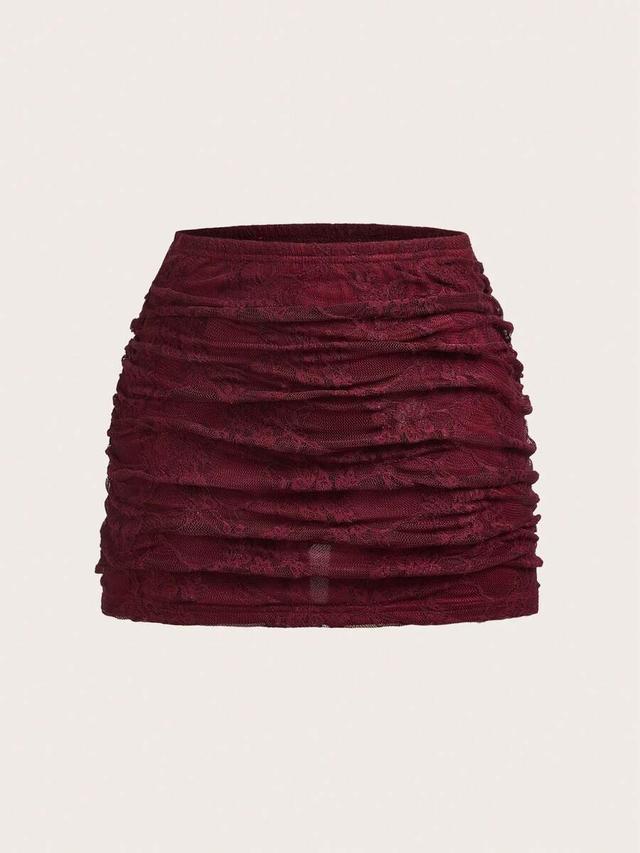 burgundy floral lace ruched mini skirt
