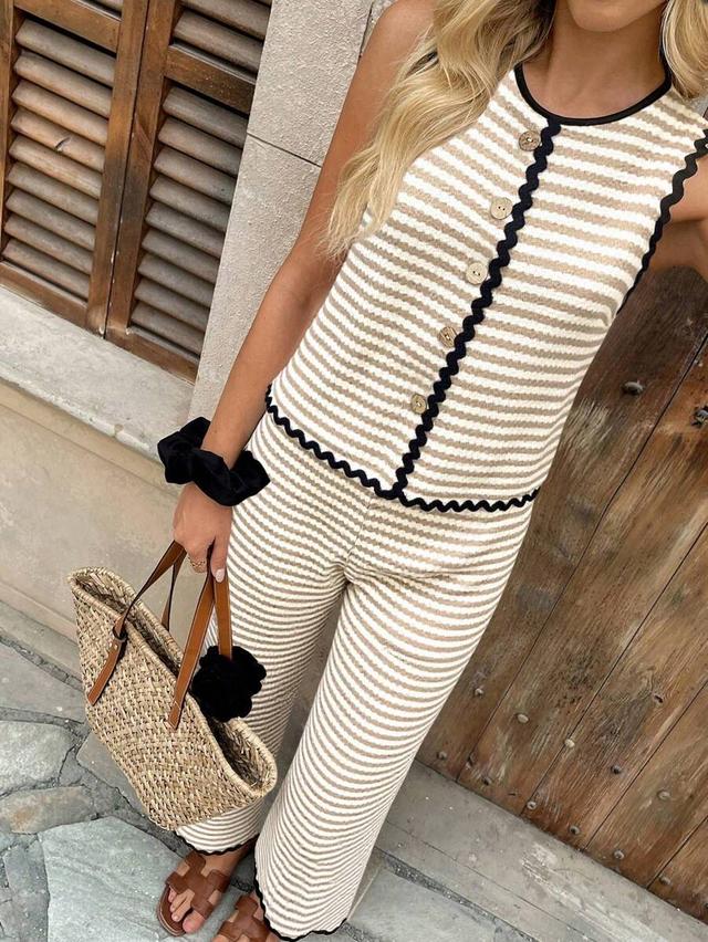 striped knit sleeveless top and matching wide-leg trousers