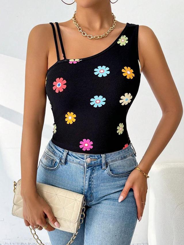 black floral asymmetric sleeveless fitted top