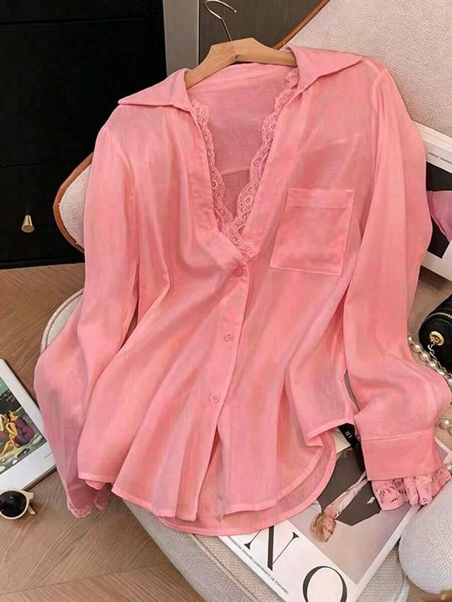 women's pink semi-sheer polyester long sleeve shirt with lace
