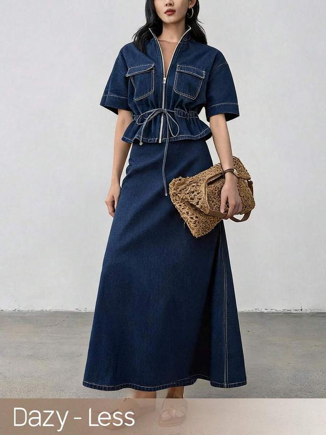 navy blue denim stand collar zipper coord set