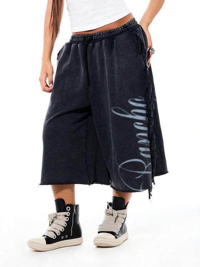 washed denim wide leg bermuda jorts with fringe