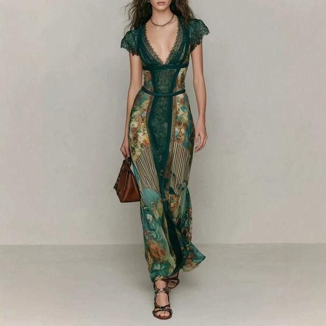emerald green floral print lace panel maxi dress