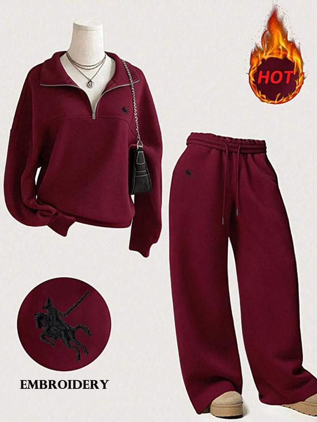 burgundy knight embroidery zip-up hoodie and loose pants set