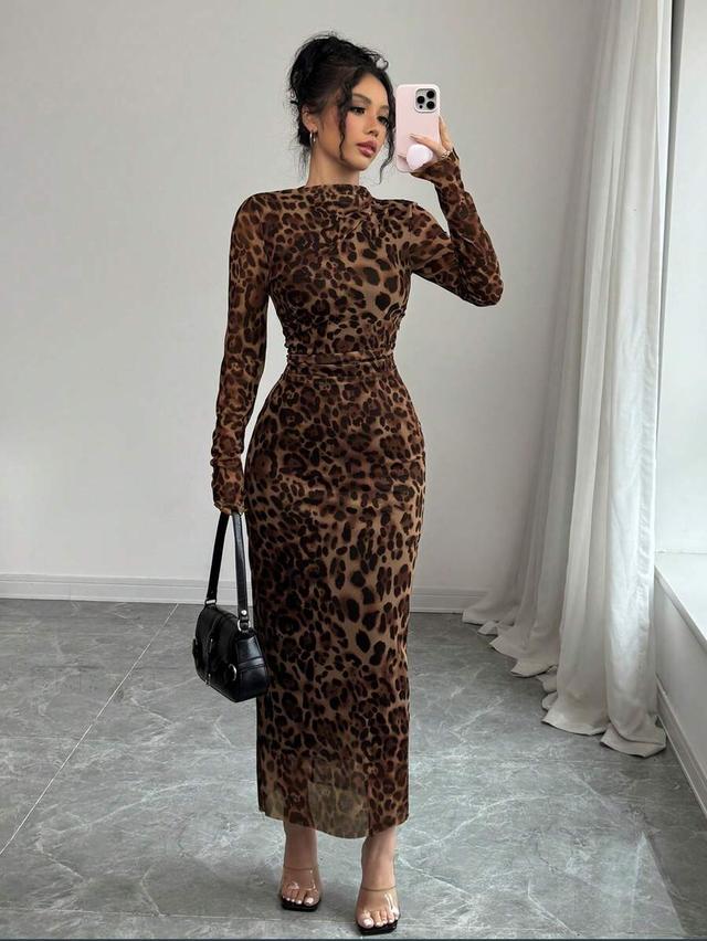 leopard print mesh ruched long sleeve bodycon dress