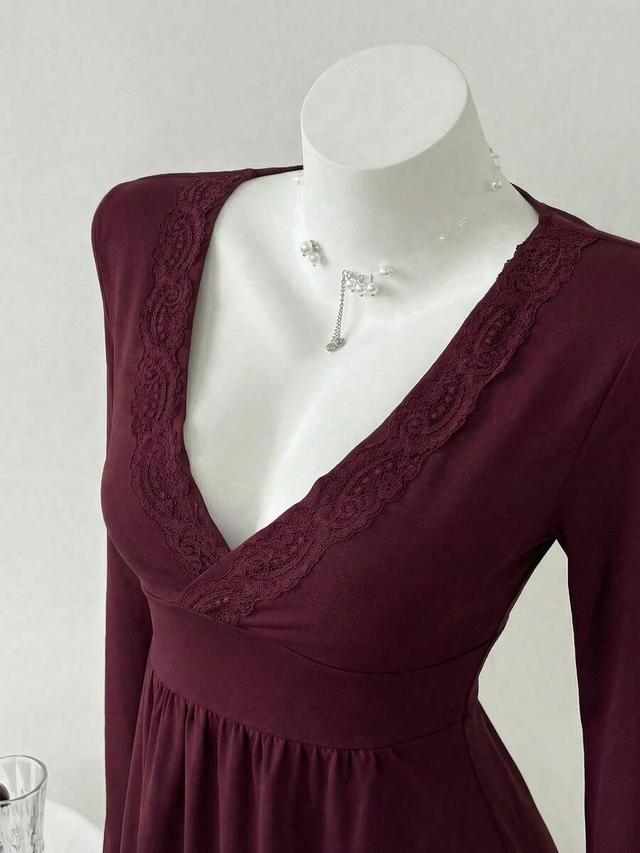burgundy deep v-neck long sleeve lace trim top