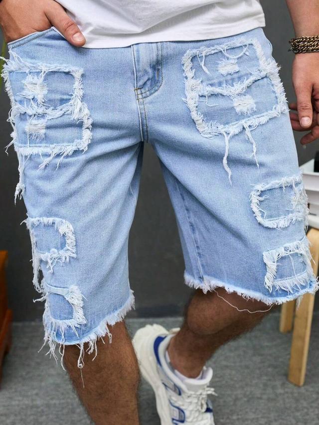 men's washed blue distressed denim jorts