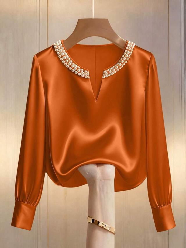 champagne elegant v-neck pearl decor long sleeve blouse