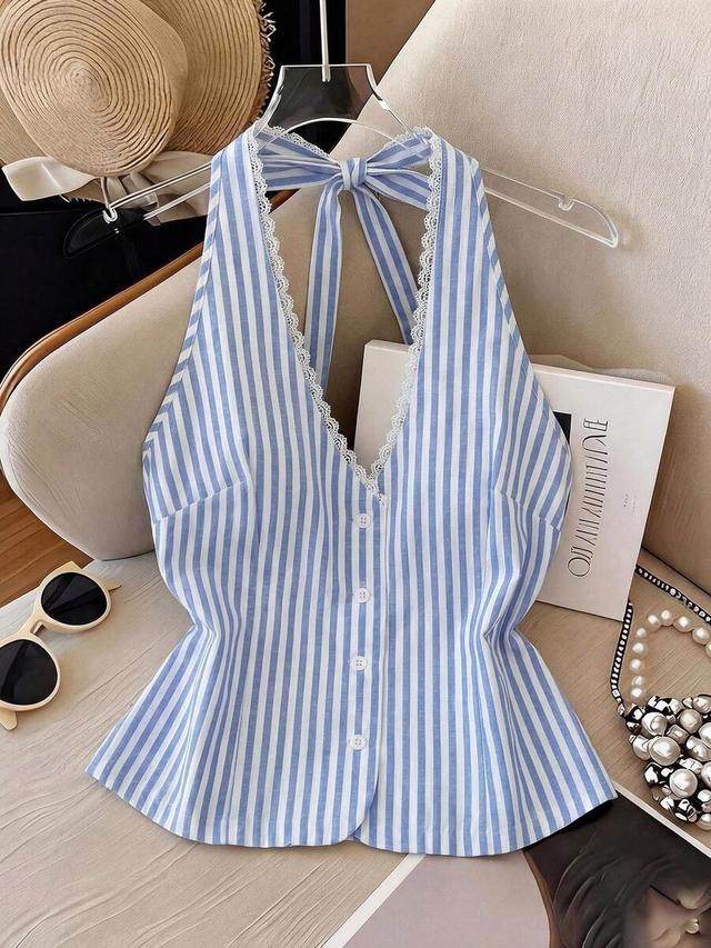 blue and white stripe halter tie ruffle vest