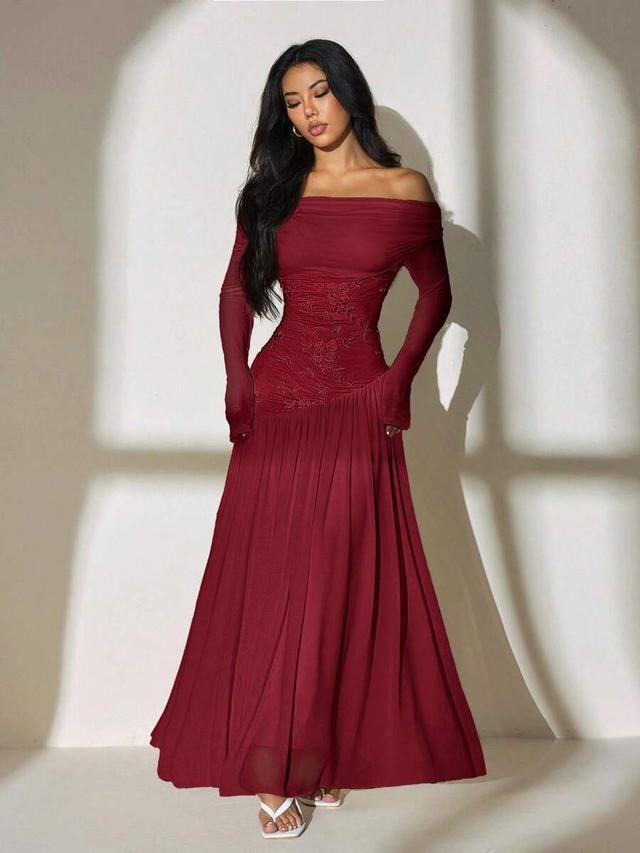 burgundy off-shoulder mesh embroidered asymmetrical evening gown