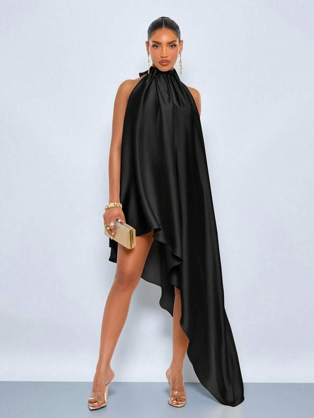 black satin high-low halter neck dress