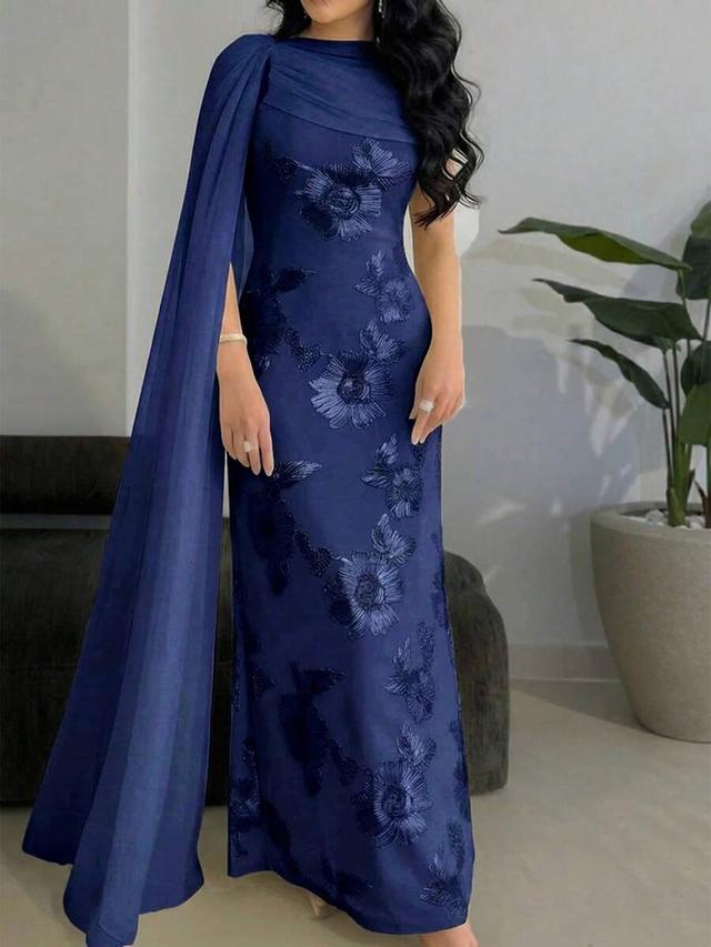asymmetric sleeve embroidered floral cinched waist party dress