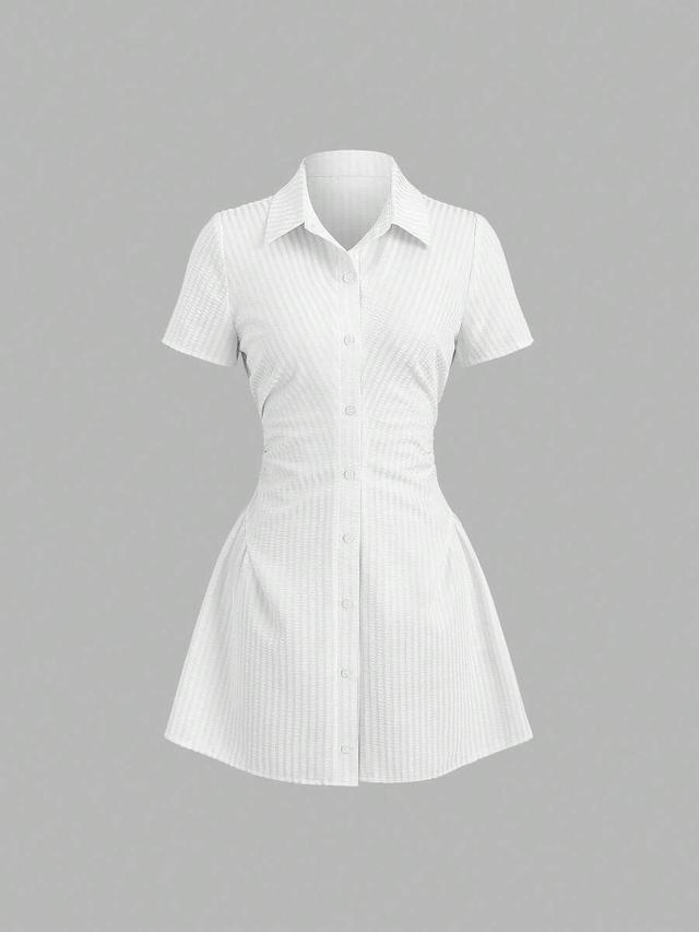 white striped short sleeve cinched waist shirt dress