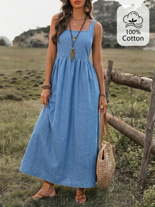light blue denim sleeveless midi dress