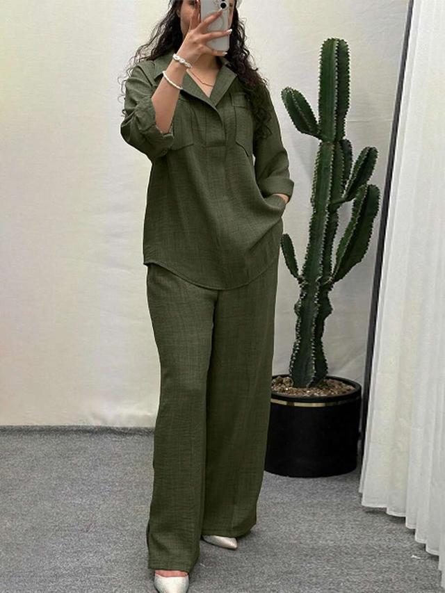 olive green casual cotton linen two-piece set