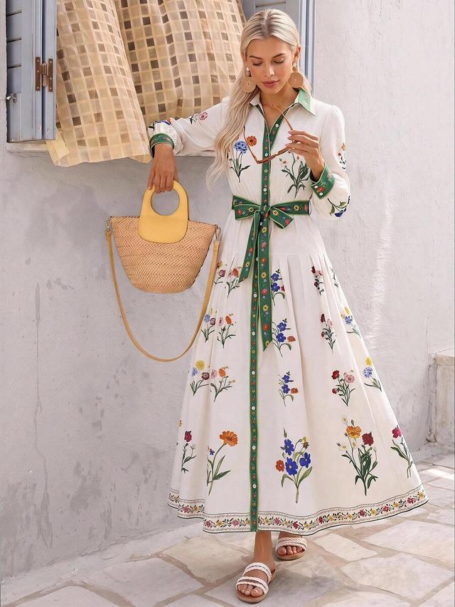vivid eden floral print waist tie ruched long dress