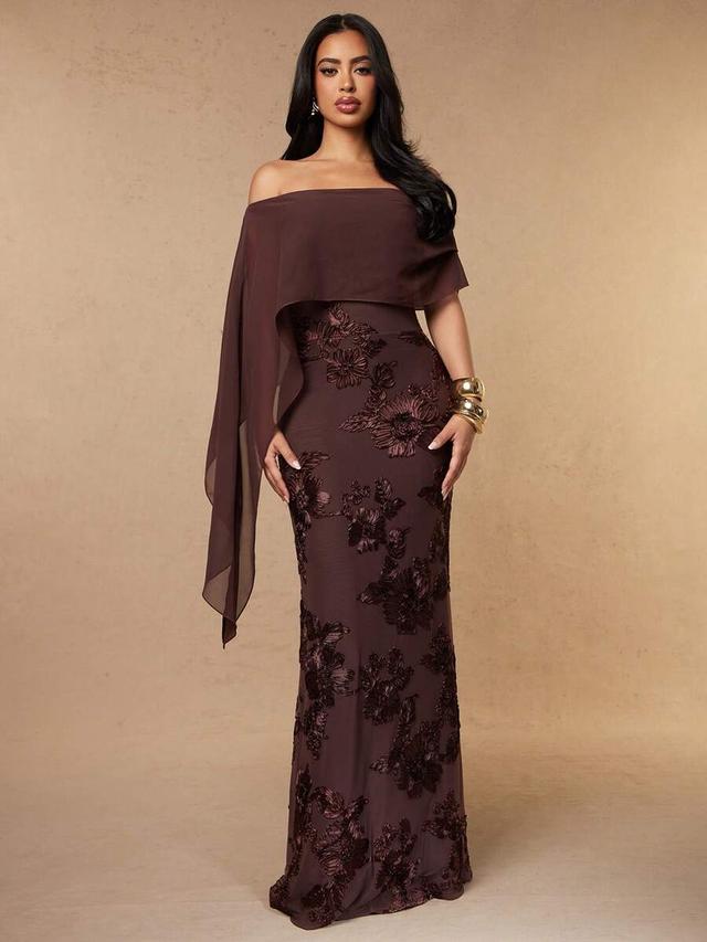 chocolate brown off-shoulder chiffon evening gown with embroidery