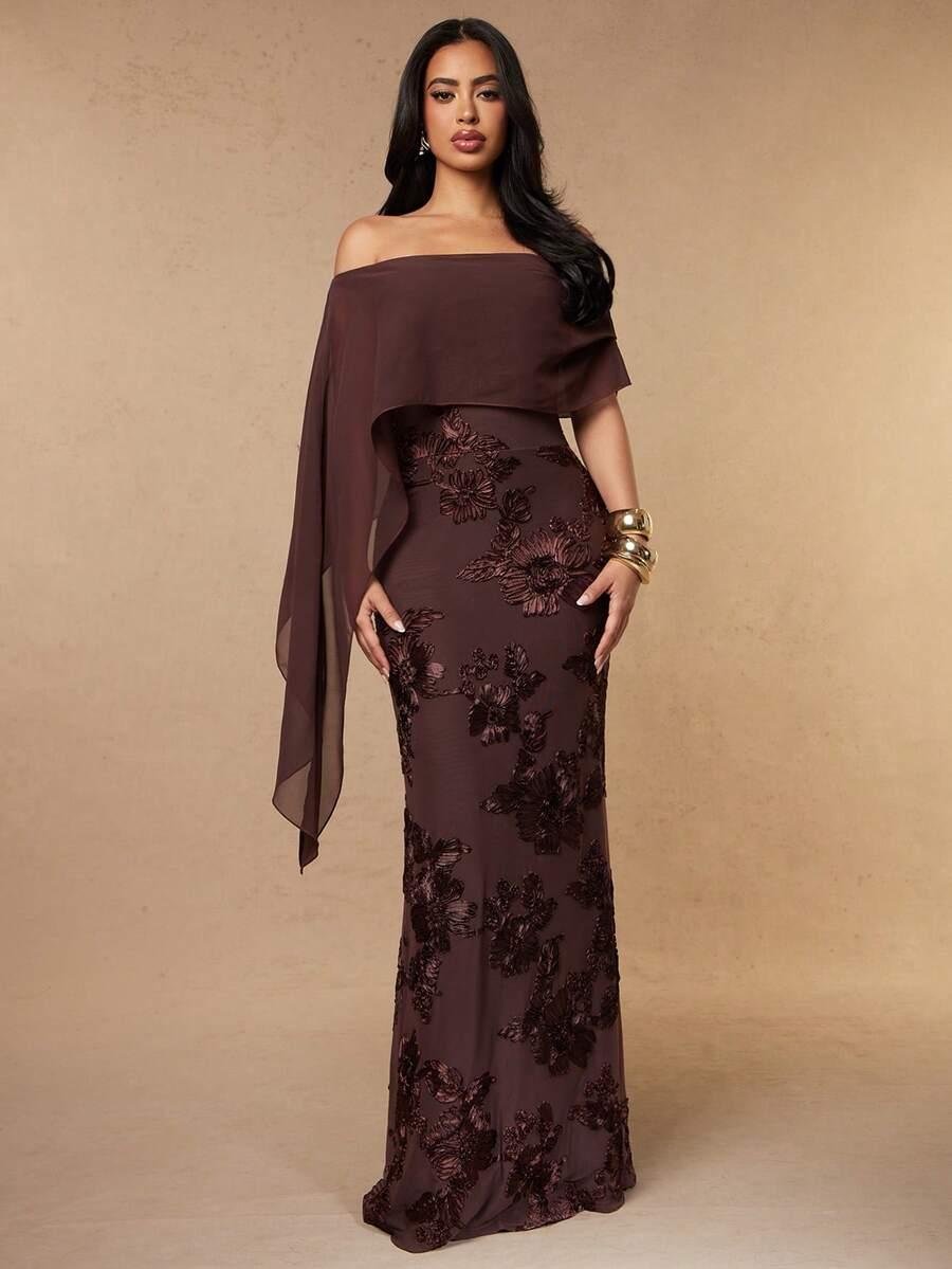 chocolate brown off-shoulder chiffon evening gown with embroidery