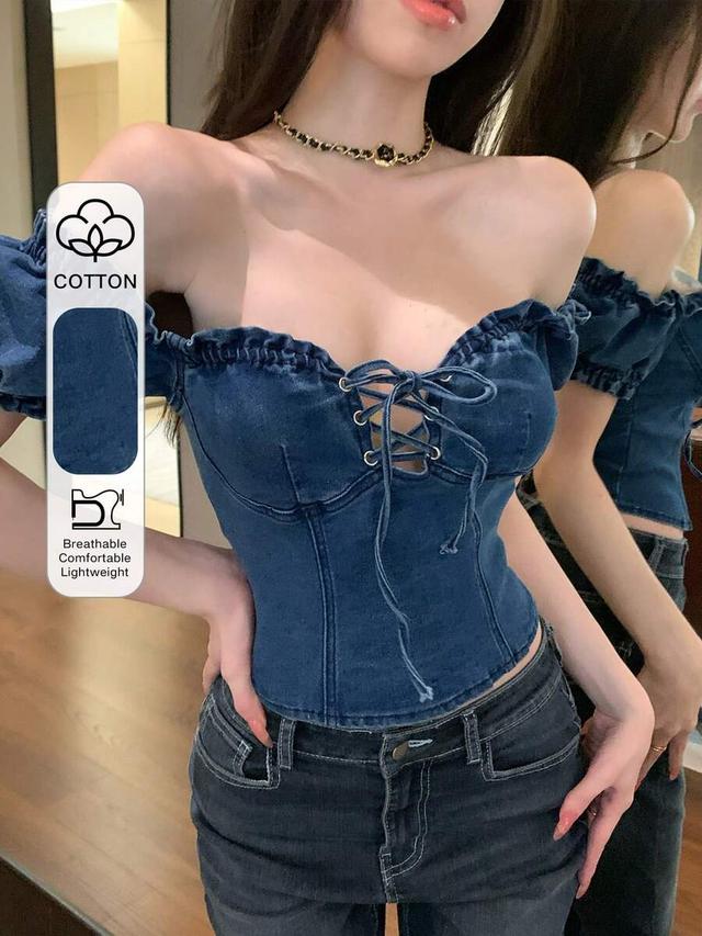 denim off-shoulder cropped top with lace-up tie