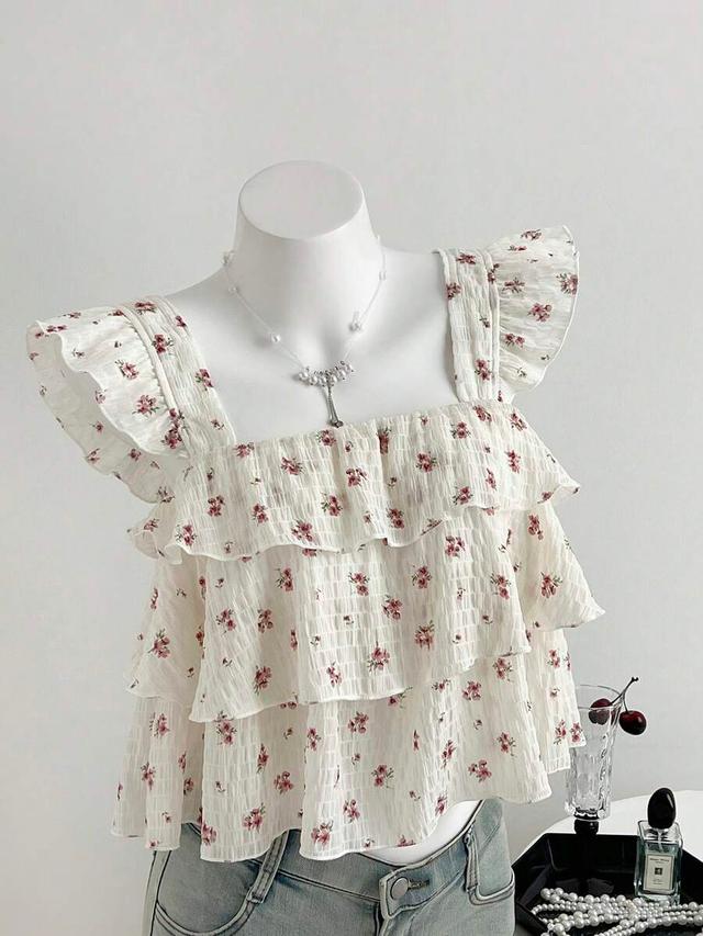 flirla women's cake tiered cap sleeve floral print blouse