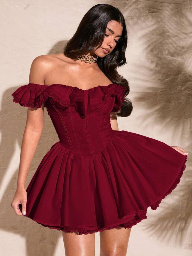burgundy off-shoulder lace trim ruffled puff dress
