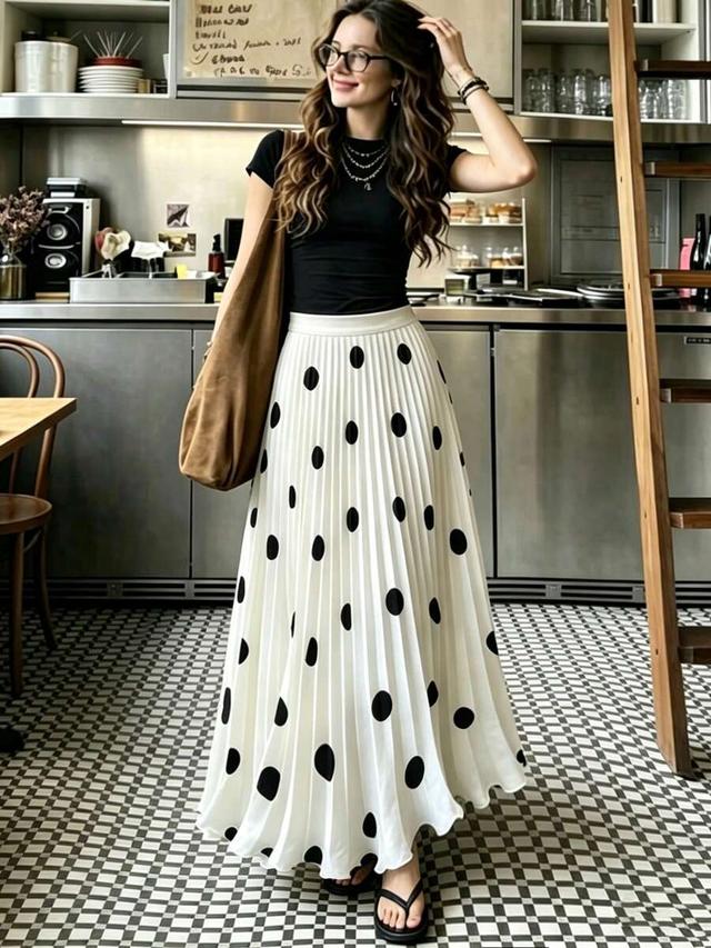 high-waisted pleated polka dot long skirt