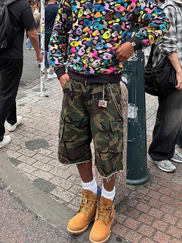 y2k camouflage cargo denim shorts with raw hem