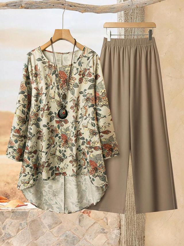 taupe floral print asymmetrical hem shirt and trousers set