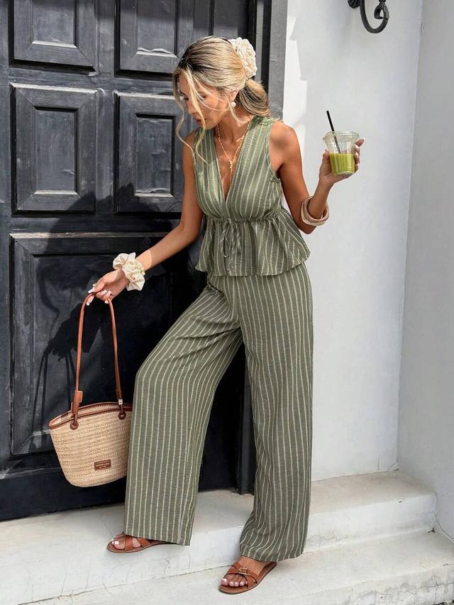 olive striped sleeveless tie-waist top and wide-leg pants
