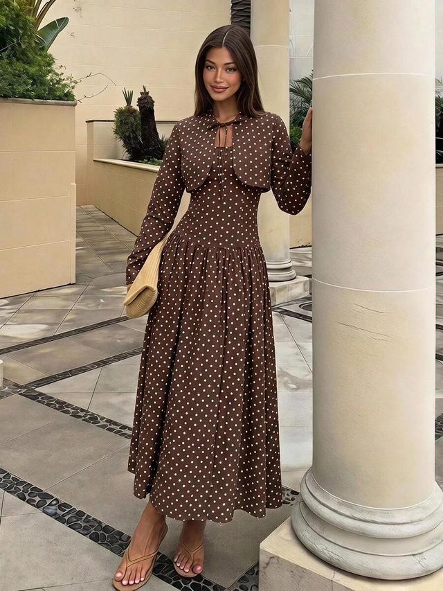 vintage brown polka dot cami dress and cropped jacket