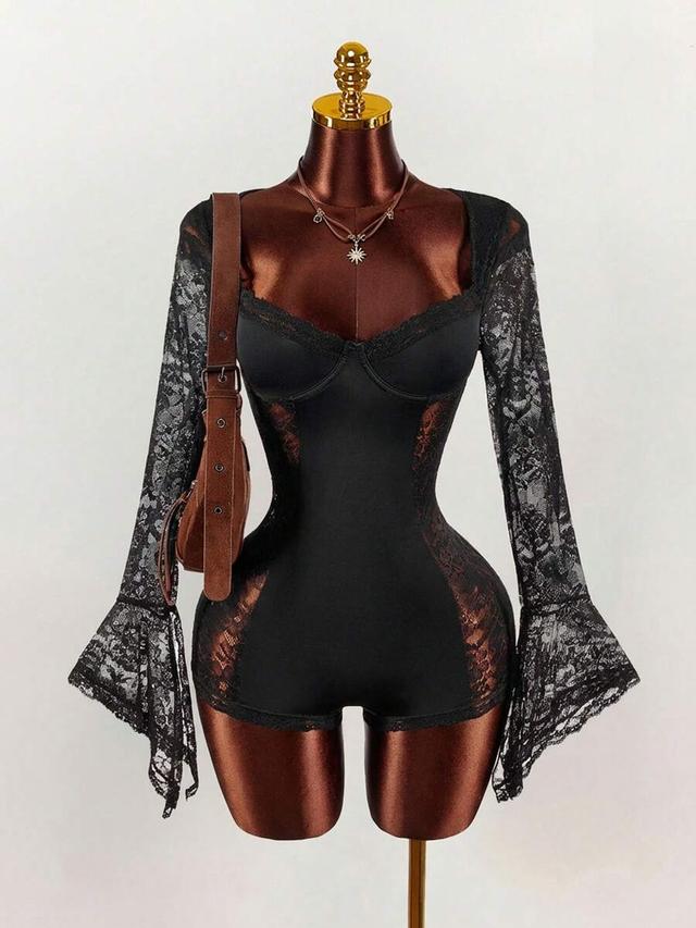 black lace long sleeve corset playsuit