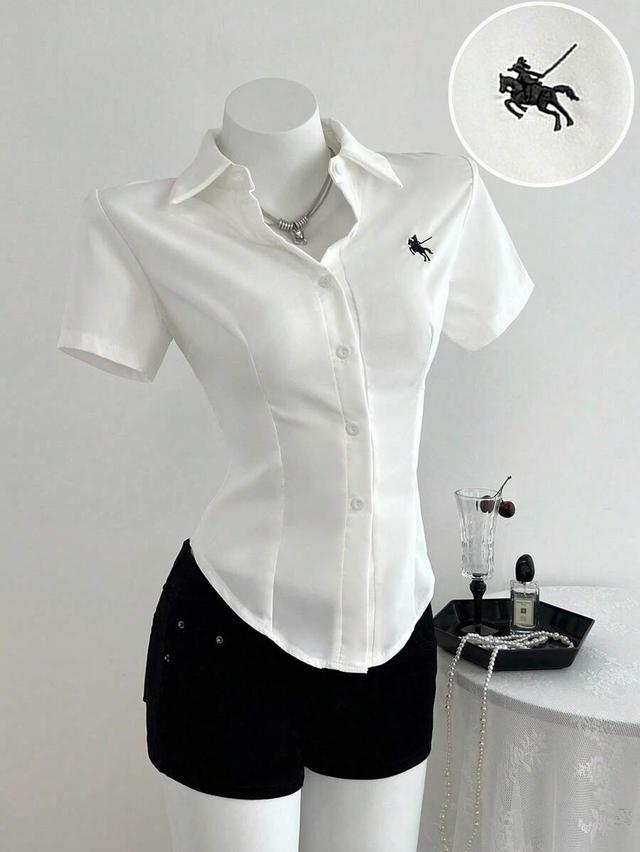 elamini white short sleeve waist-cinched embroidered blouse