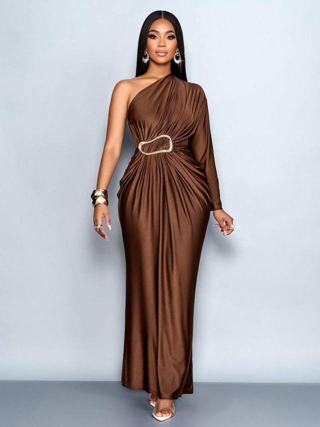coffee brown asymmetrical one shoulder bodycon maxi dress