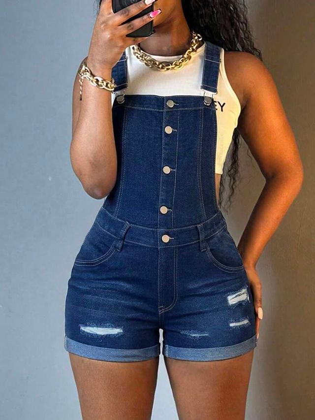 women ripped denim overall shorts with button trim