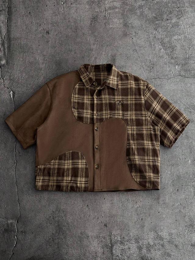 plaid patchwork short sleeve single-breasted casual loose shirt
