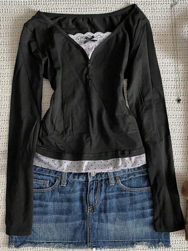 black long sleeve top with polka dot chiffon trim