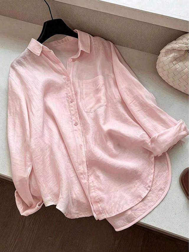 women's casual solid color front button curved hem shirt