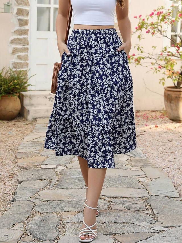 ditsy floral print ruffle hem midi skirt