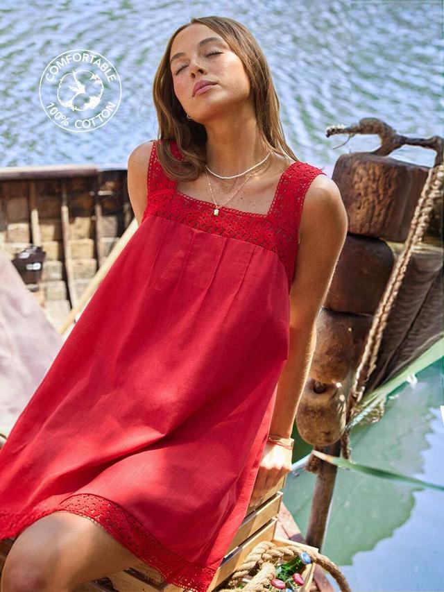 red square neck pleated cotton crochet lace babydoll dress