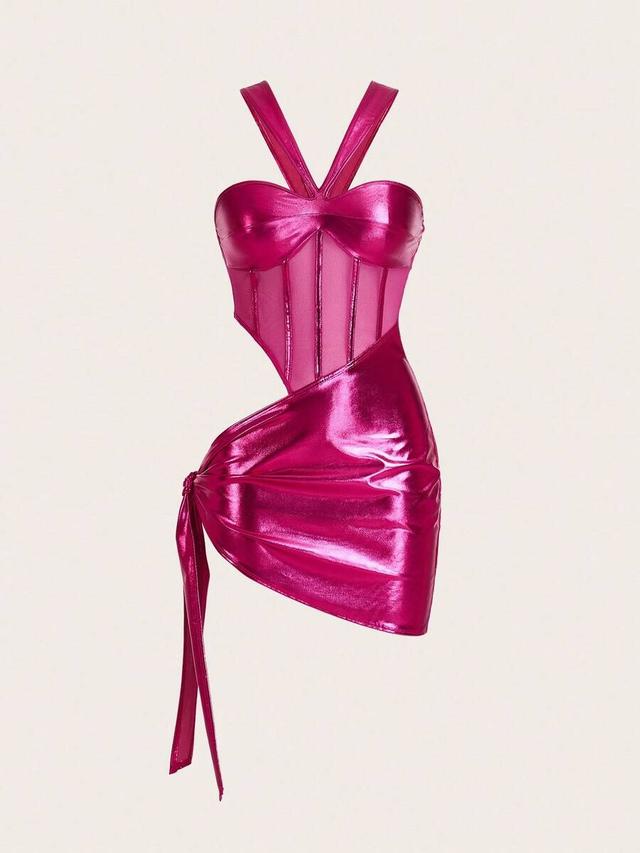hollow out metallic mesh contrast halter mini dress