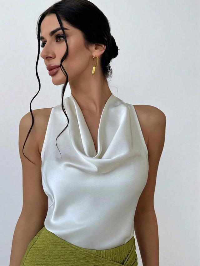 apricot sleeveless tie-neck satin blouse
