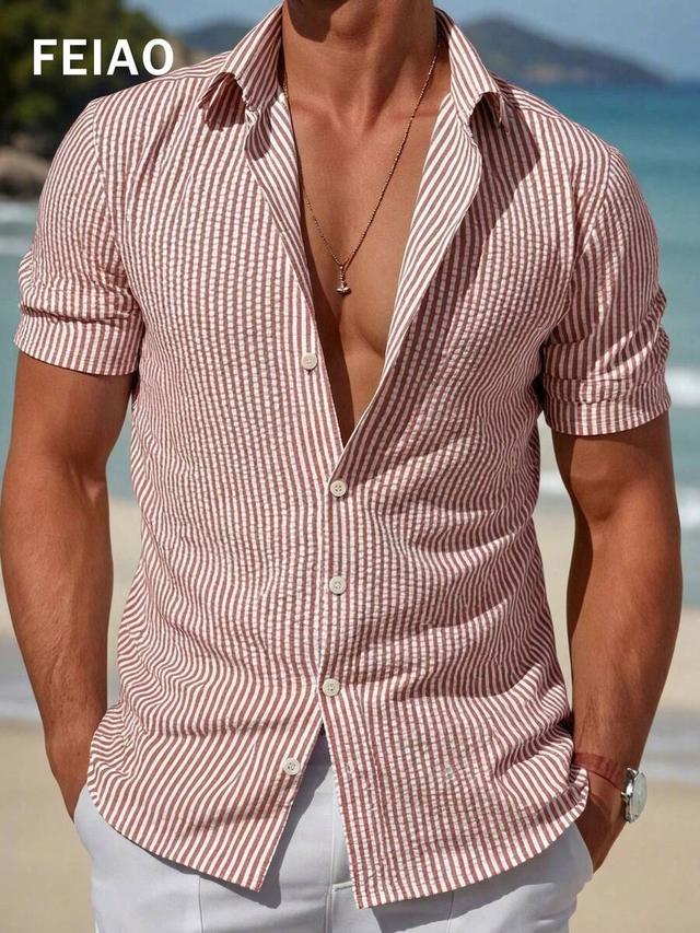men's short sleeve striped seersucker casual shirt